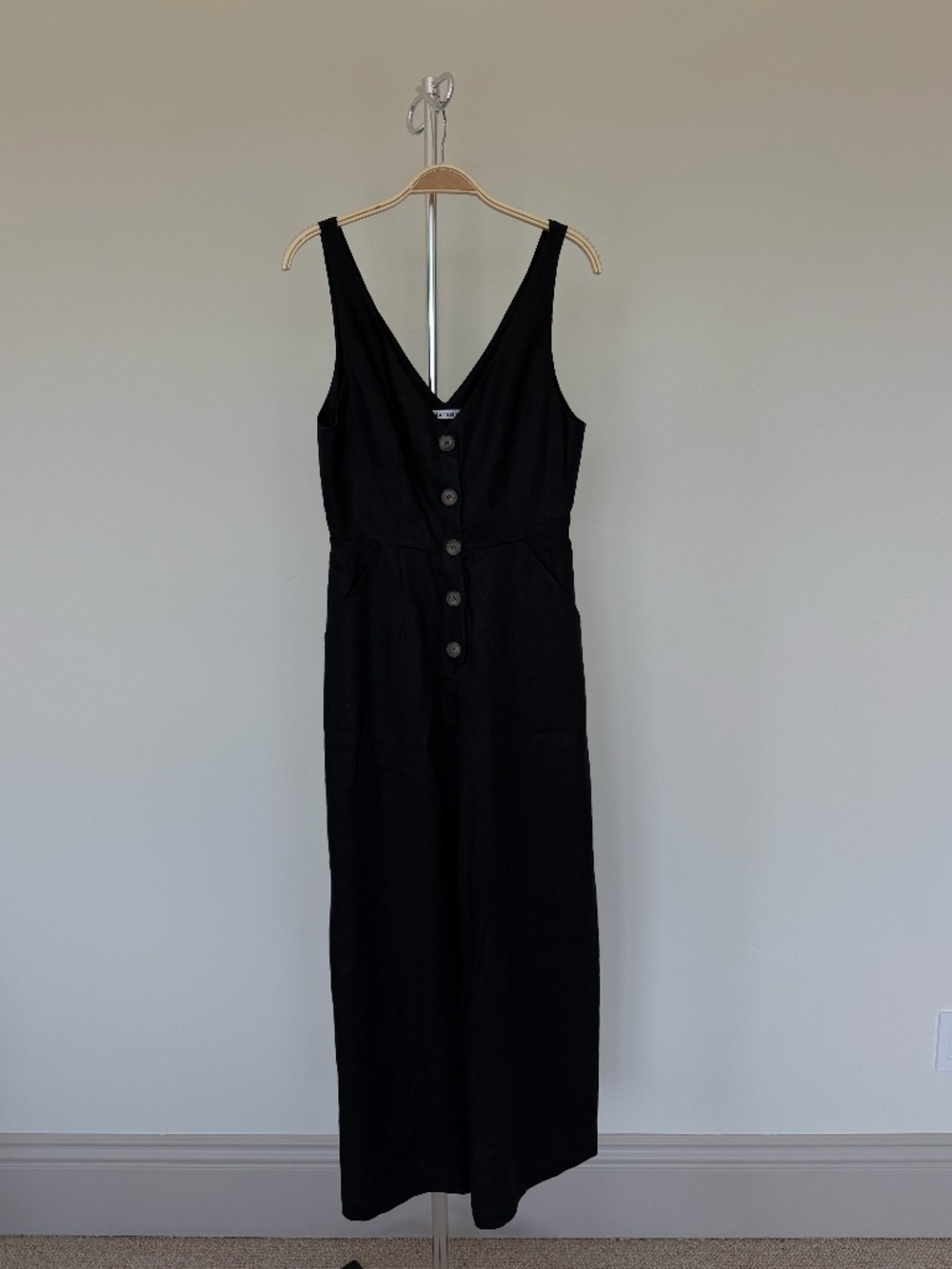 Reformation  Black Linen Blend Button Wide Leg Jumpsuit with Pockets